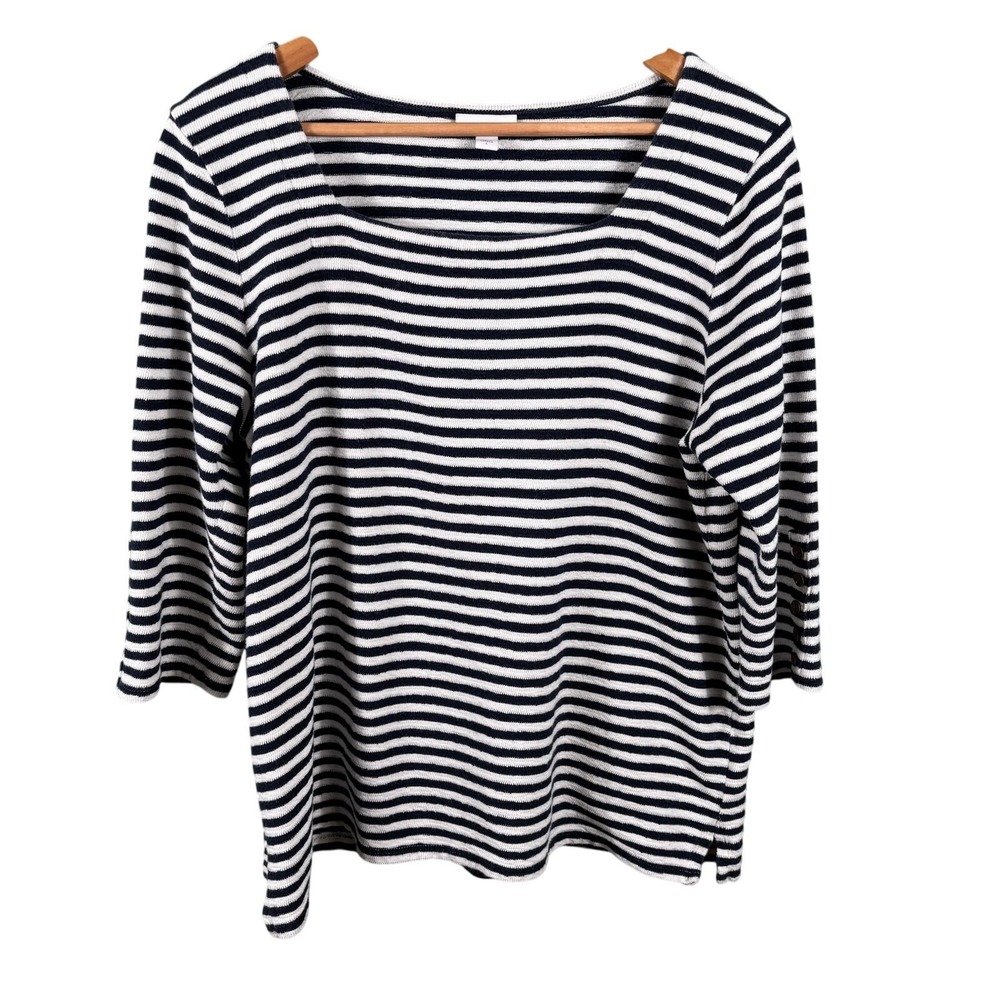 J. Jill Striped Knit Top Womens Large Blue White Square Neck 3/4 Sleeve Cotton